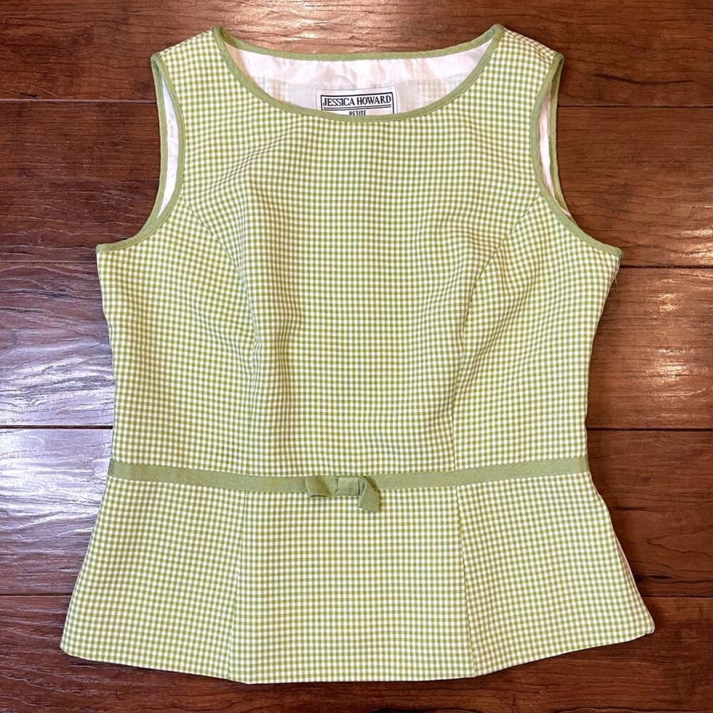 Jessica Howard Petite 6 Green Gingham Peplum Top Sleeveless Bow Preppy